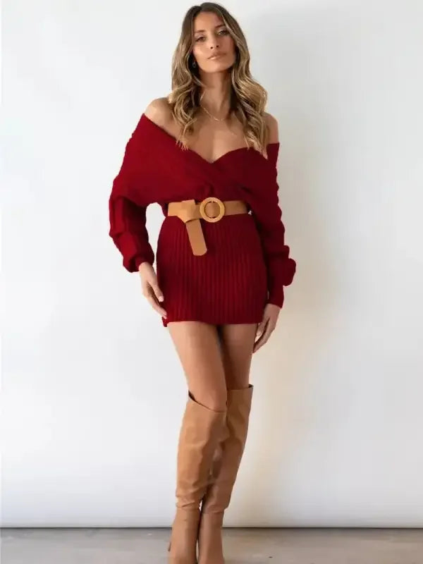 Sweater Off Shoulder V Neck Dress | Fashionsarah.com