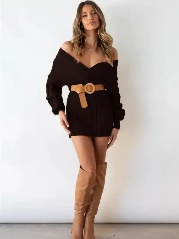 Sweater Off Shoulder V Neck Dress | Fashionsarah.com