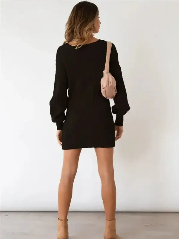 Sweater Off Shoulder V Neck Dress | Fashionsarah.com