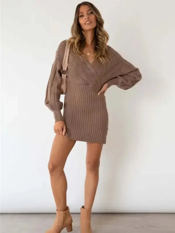 Sweater Off Shoulder V Neck Dress | Fashionsarah.com