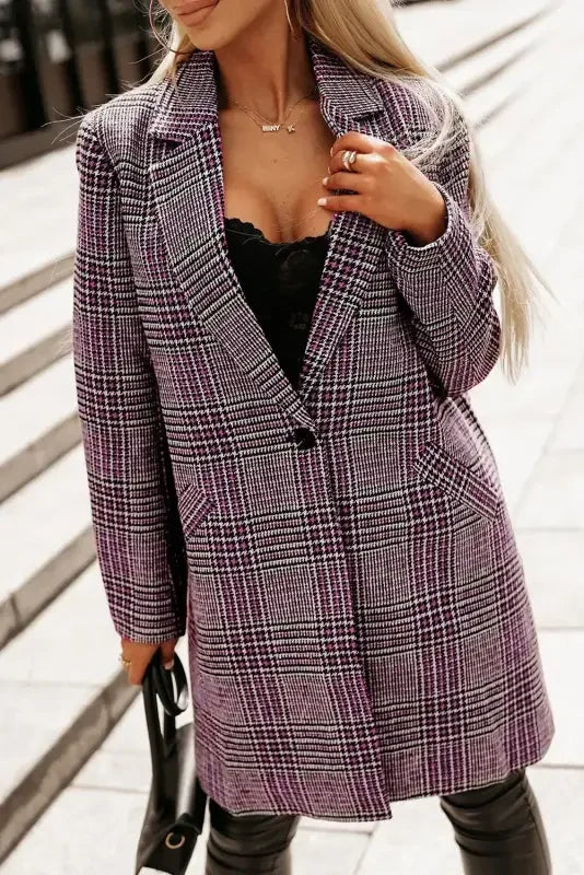 Pink Plaid One Button Midi Coat | Fashionsarah.com
