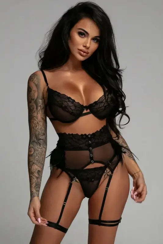 3pcs Lace Mesh Set with Feather Garter Belt | Fashionsarah.com