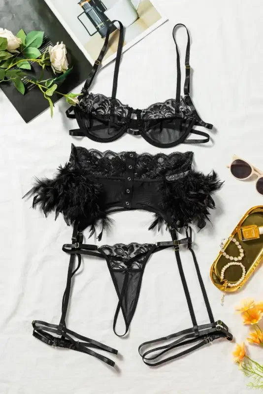 3pcs Lace Mesh Set with Feather Garter Belt | Fashionsarah.com