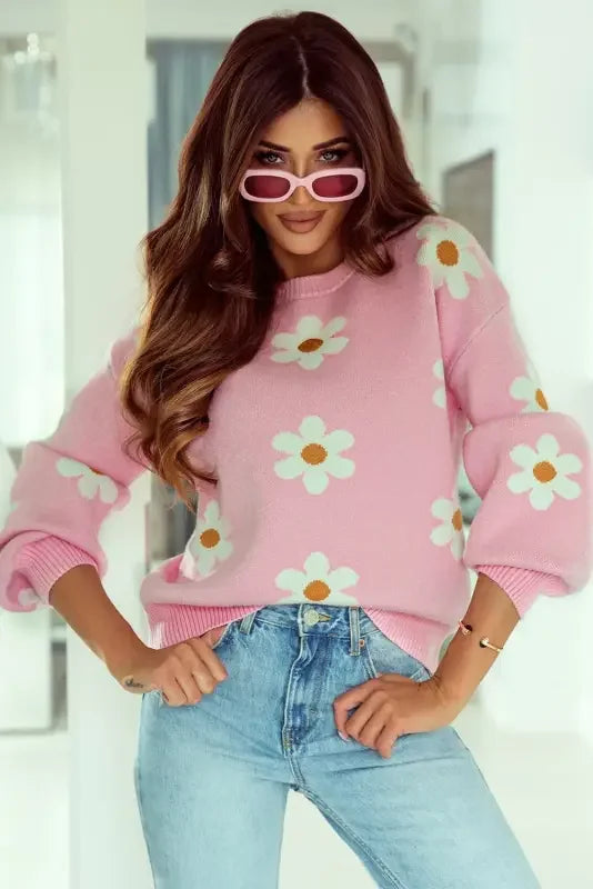 Pink daisy floral sweater with drop shoulder design from Sweater Fashonsarah