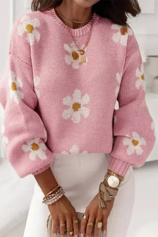 Pink Daisy Sweater with Floral Pattern and Drop Shoulder for FashionSarah