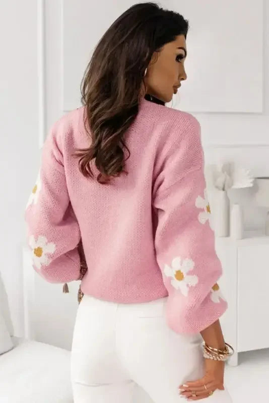 Pink Drop Shoulder Sweater with floral pattern and daisy accents in sweater fashionsarah