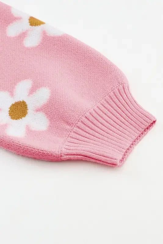 Pink daisy floral pattern on drop shoulder sweater from Sarah’s sweater fashionsarah