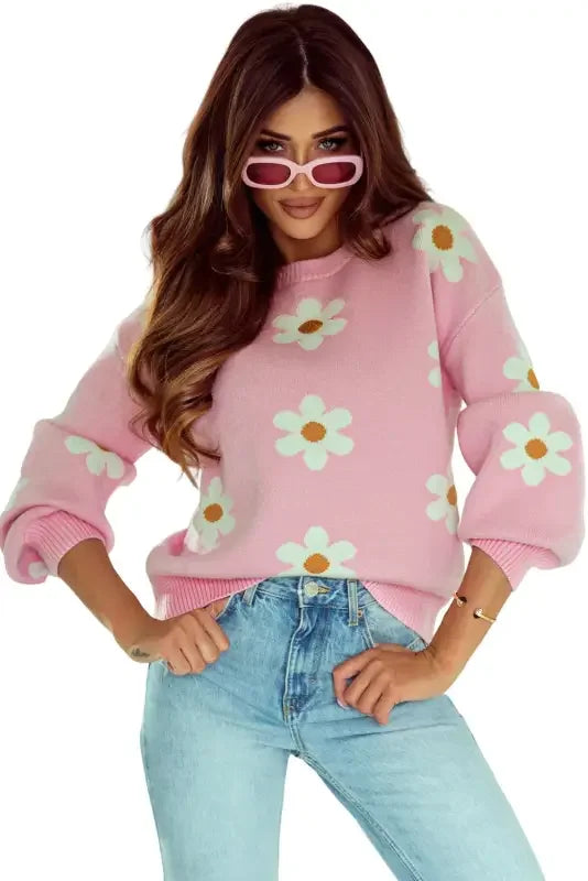 Pink Drop Shoulder Sweatshirt with floral pattern daisy design—sweater fashionSarah