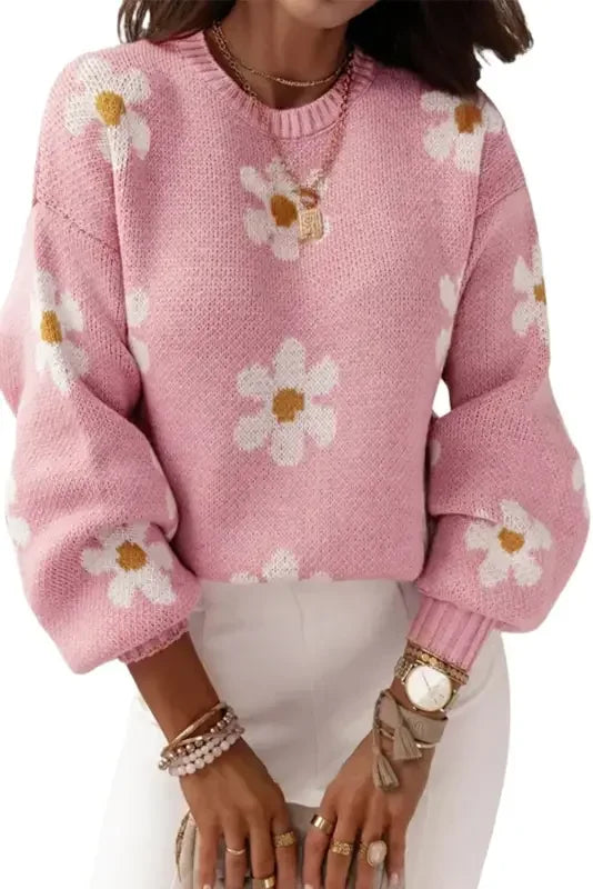 Pink daisy floral pattern drop shoulder sweater from Sweater Fashionsarah