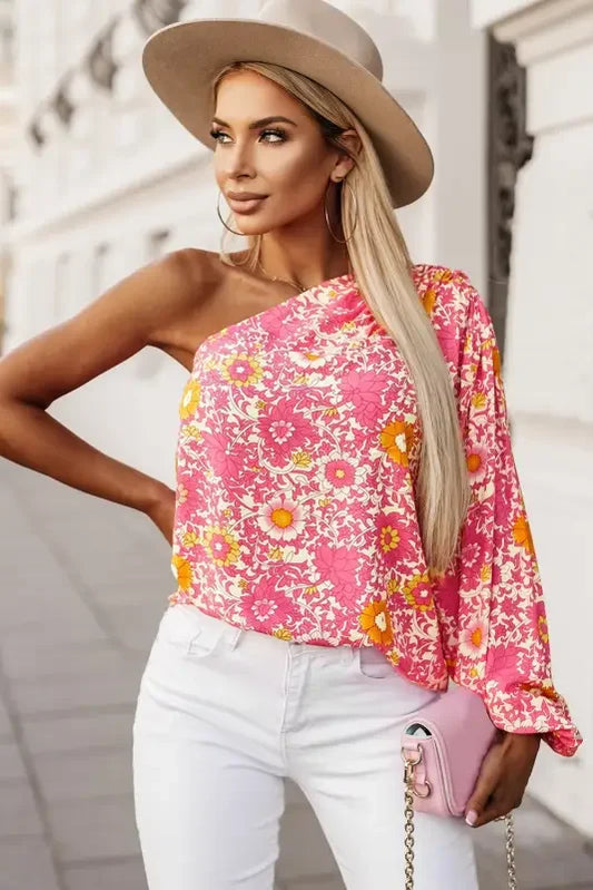 Women Pink Floral One Shoulder Pleated Bubble Sleeve Blouse | Fashionsarah.com