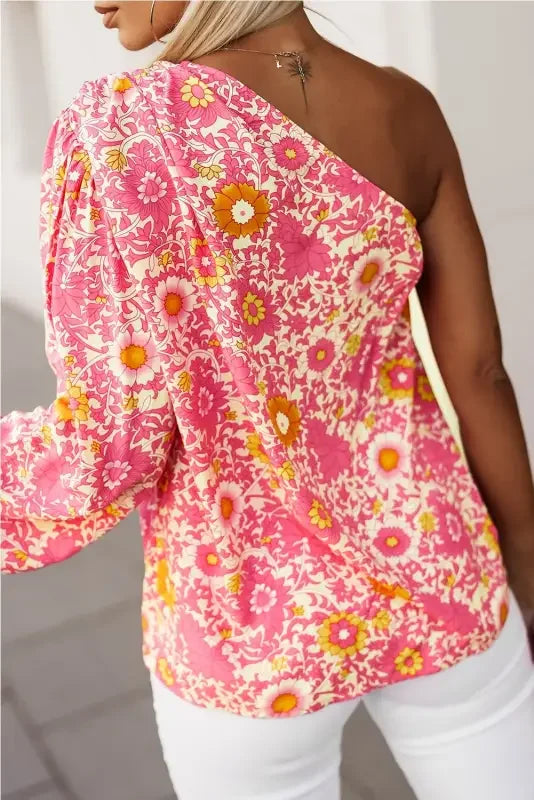 Women Pink Floral One Shoulder Pleated Bubble Sleeve Blouse | Fashionsarah.com
