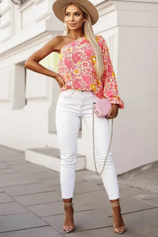Women Pink Floral One Shoulder Pleated Bubble Sleeve Blouse | Fashionsarah.com