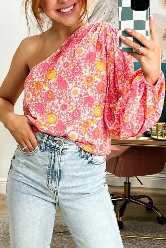 Women Pink Floral One Shoulder Pleated Bubble Sleeve Blouse | Fashionsarah.com
