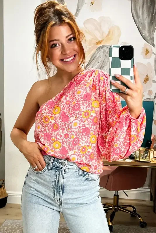 Women Pink Floral One Shoulder Pleated Bubble Sleeve Blouse | Fashionsarah.com