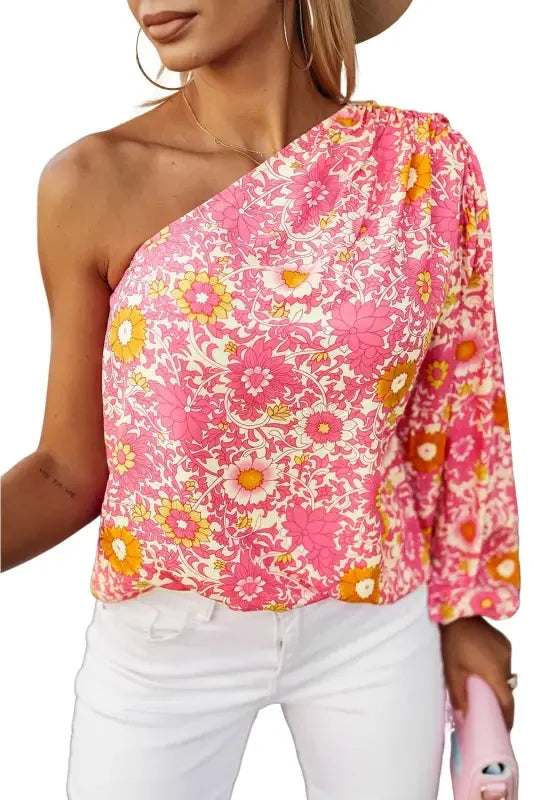 Women Pink Floral One Shoulder Pleated Bubble Sleeve Blouse | Fashionsarah.com