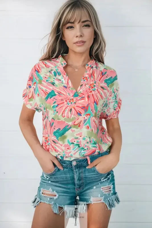 Fashionsarah.com Fashionsarah.com Pink Floral Sheath Long Sleeve Shirt