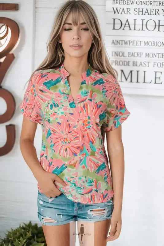 Fashionsarah.com Fashionsarah.com Pink Floral Sheath Long Sleeve Shirt