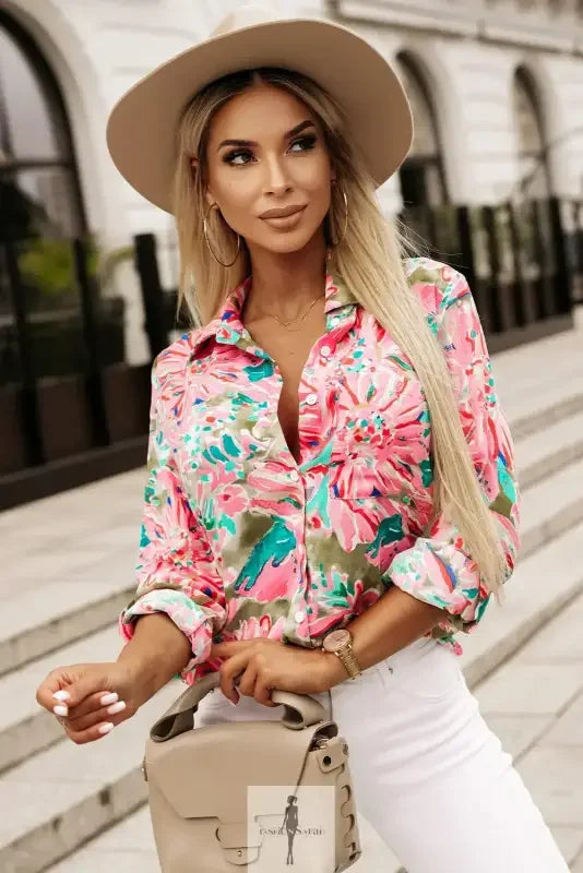 Fashionsarah.com Fashionsarah.com Pink Floral Sheath Long Sleeve Shirt