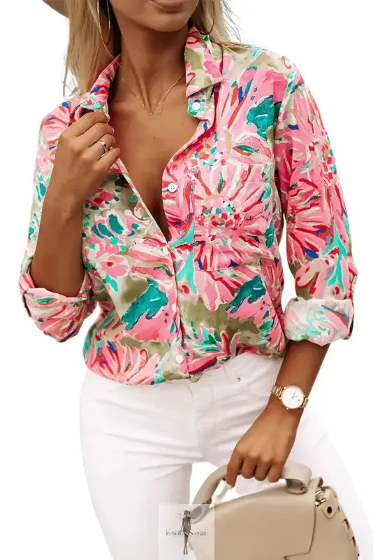 Fashionsarah.com Fashionsarah.com Pink Floral Sheath Long Sleeve Shirt