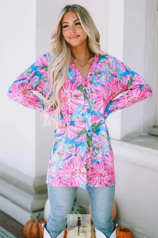 Fashionsarah.com Fashionsarah.com Pink Floral Sheath Long Sleeve Shirt