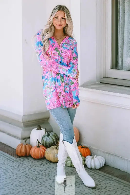 Fashionsarah.com Fashionsarah.com Pink Floral Sheath Long Sleeve Shirt