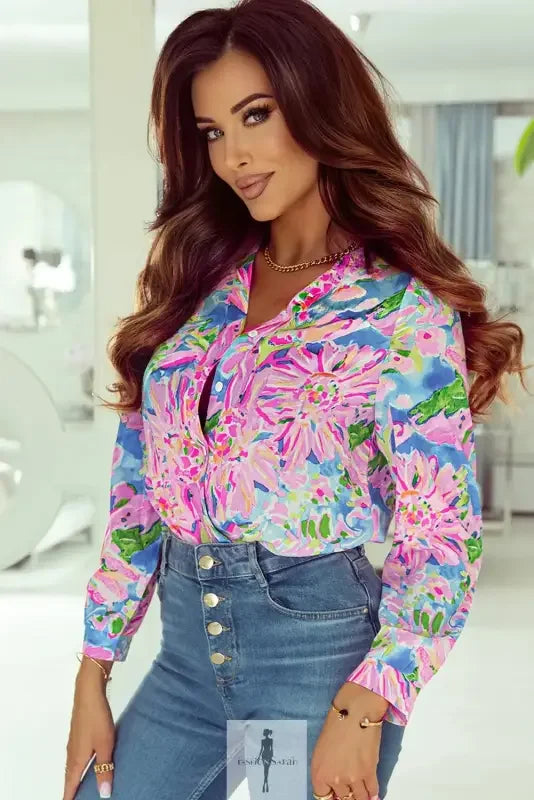 Fashionsarah.com Fashionsarah.com Pink Floral Sheath Long Sleeve Shirt