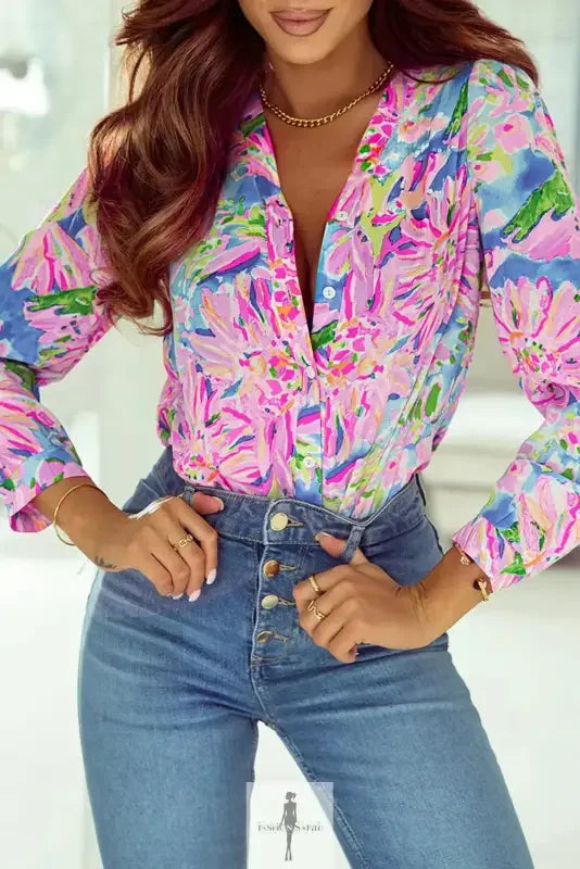 Fashionsarah.com Fashionsarah.com Pink Floral Sheath Long Sleeve Shirt