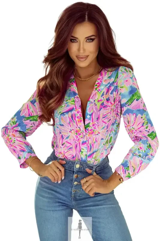 Fashionsarah.com Fashionsarah.com Pink Floral Sheath Long Sleeve Shirt