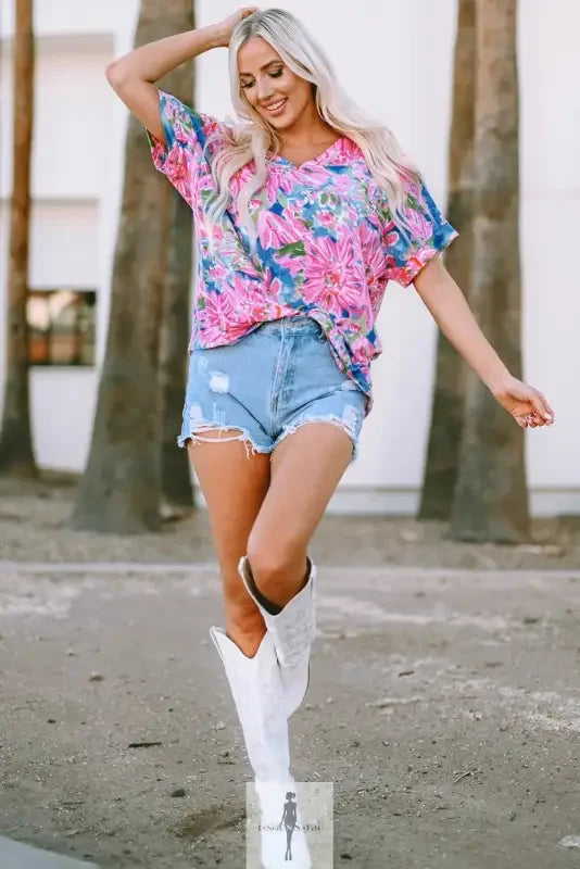 Fashionsarah.com Fashionsarah.com Pink Floral Sheath Long Sleeve Shirt