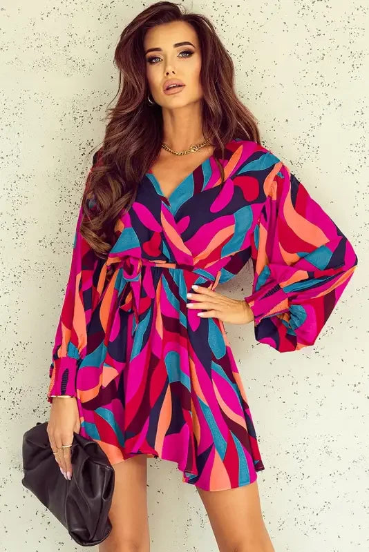 Colorful patterned belted puff sleeve mini dress featuring red abstract printed design