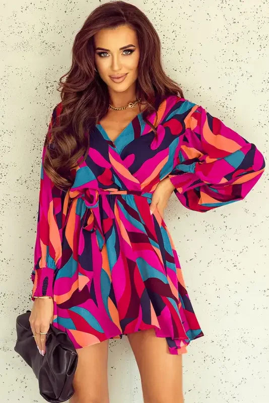 Colorful patterned belted puff sleeve mini dress with red abstract print