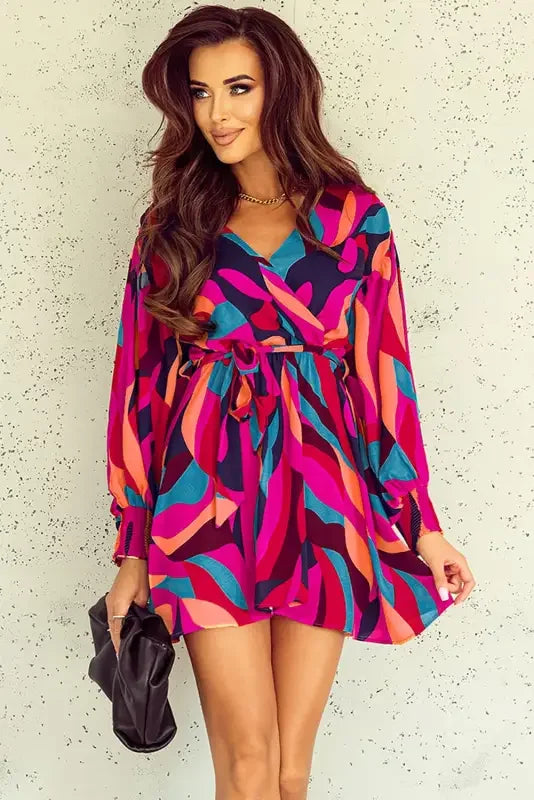 Colorful patterned belted puff sleeve mini dress with red abstract print