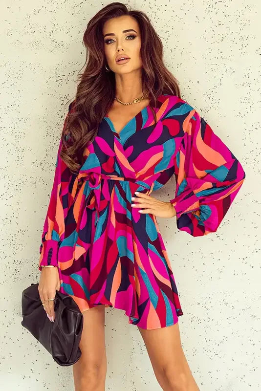 Colorful patterned belted puff sleeve mini dress with red abstract print