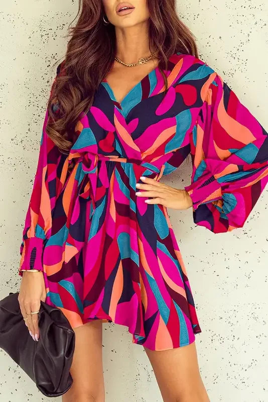 Colorful patterned belted puff sleeve mini dress with red abstract print