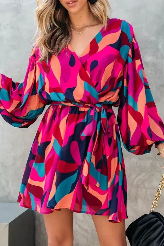 Colorful patterned belted puff sleeve mini dress with red abstract print