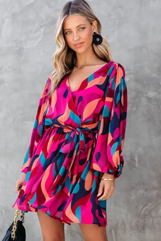 Colorful patterned belted puff sleeve mini dress with red abstract print