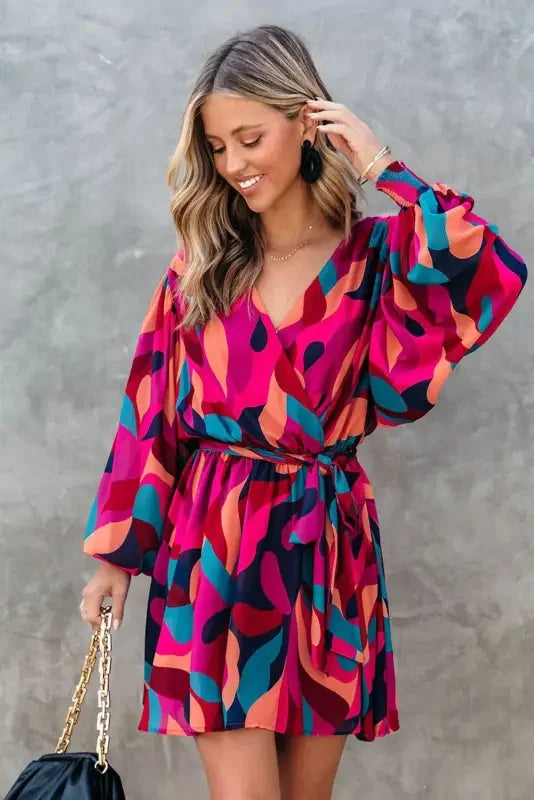 Colorful patterned belted puff sleeve mini dress with red abstract print