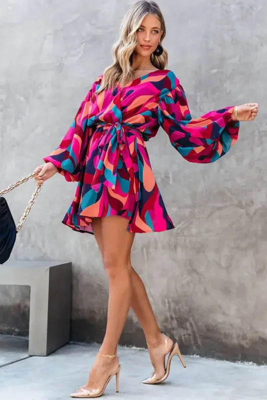 Colorful patterned belted puff sleeve mini dress with red abstract print