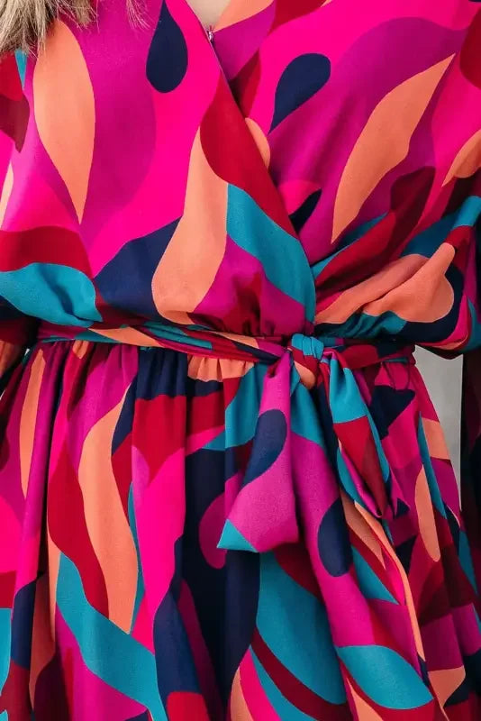 Colorful patterned belted puff sleeve mini dress with red abstract print