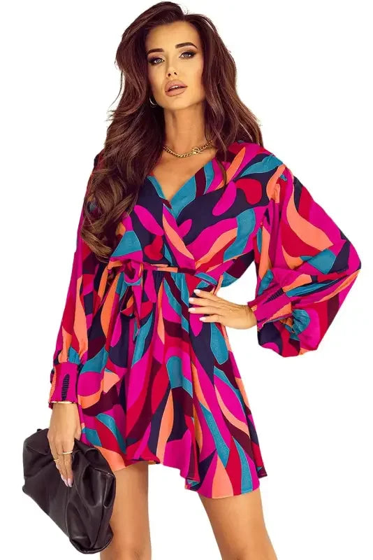 Colorful patterned belted puff sleeve mini dress with red abstract printed design