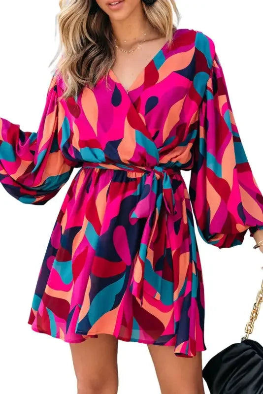 Colorful belted puff sleeve mini dress with red abstract printed pattern