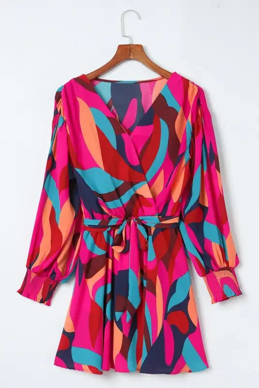 Colorful patterned belted puff sleeve mini dress with red abstract printed design