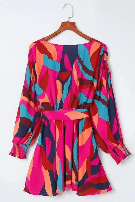 Colorful patterned belted puff sleeve mini dress with red abstract print