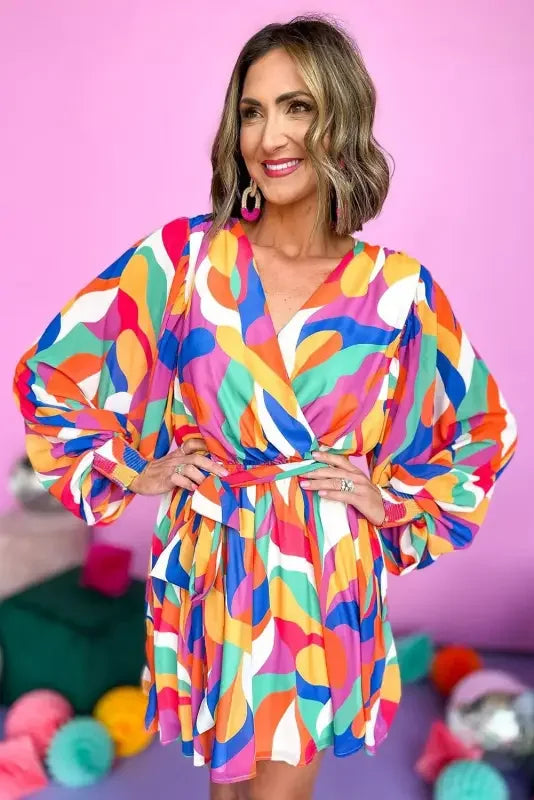 Colorful red abstract printed belted puff sleeve mini dress for stylish women