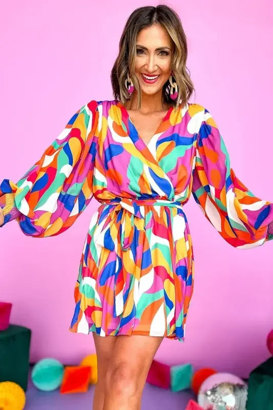 Colorful patterned belted puff sleeve mini dress with red abstract print