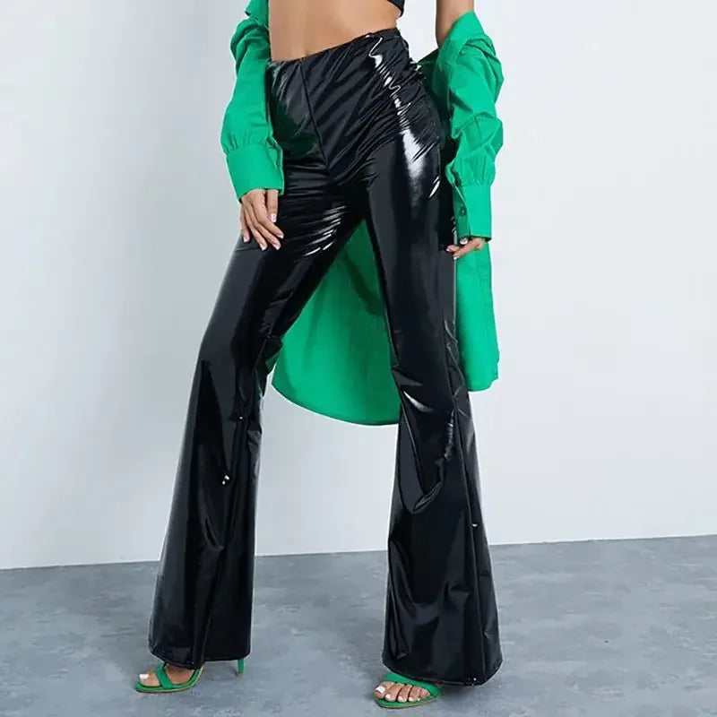 Women Slim Flar Long Leather Trousers | Fashionsarah.com