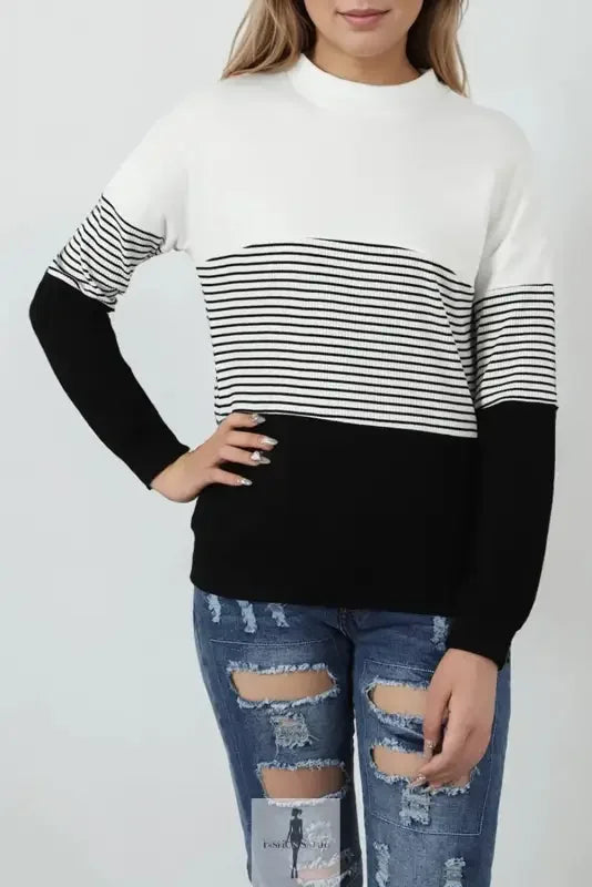 Black striped contrast colorblock knit top featuring a color-blocked striped sweater design