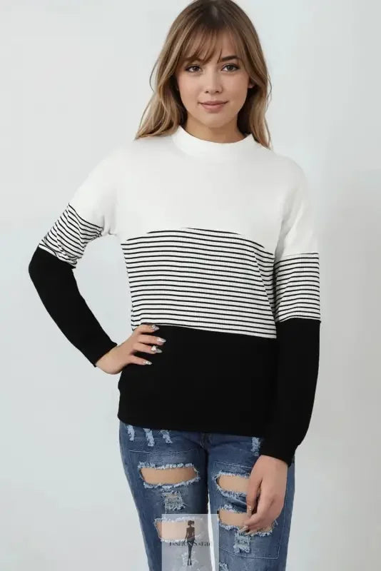 Black striped contrast colorblock knit top showcasing a stylish striped contrast colorblock sweater