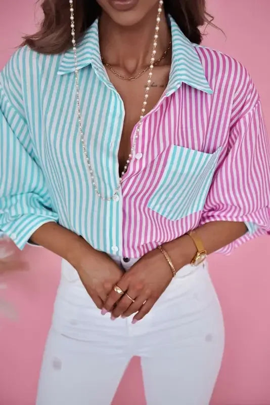 Green Contrast Striped Print Shirt | Fashionsarah.com