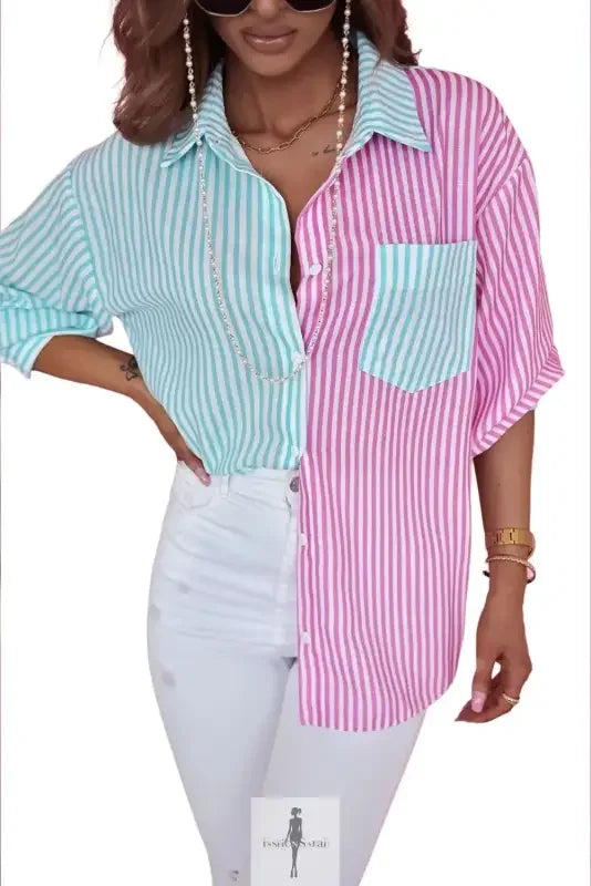 Fashionsarah.com Fashionsarah.com Green Contrast Striped Print Shirt